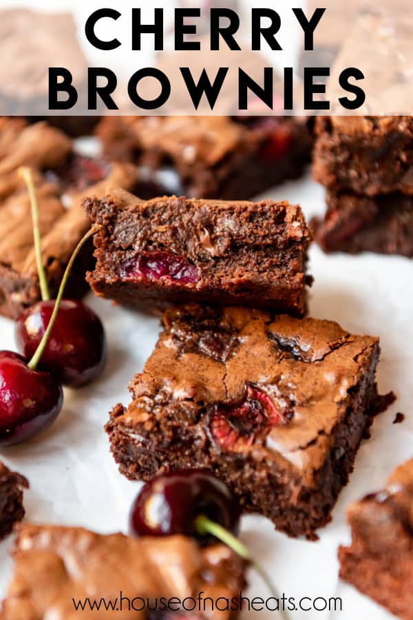 Fresh cherry brownies with text overlay.