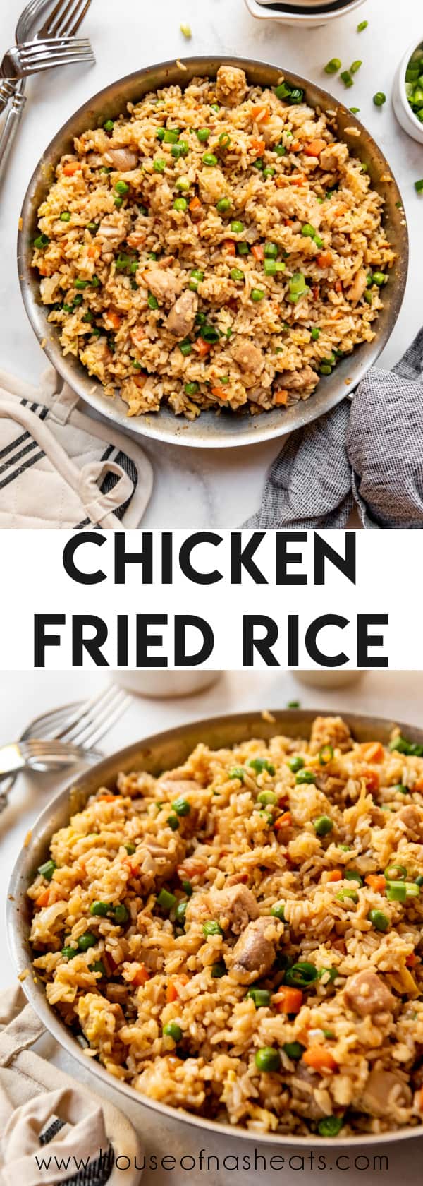 A collage of images of chicken fried rice with text overlay.