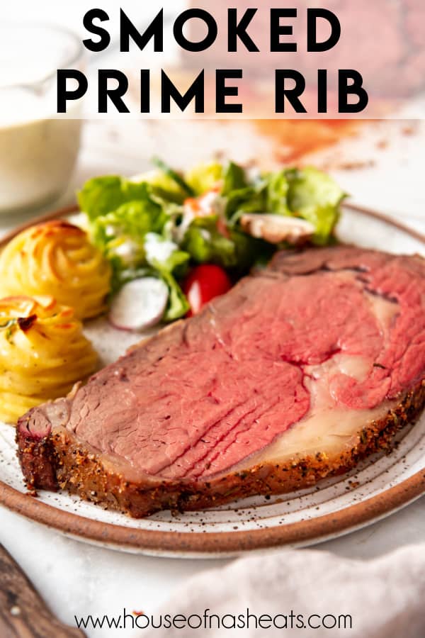 A slice of medium-rare prime rib on a plate with text overlay.