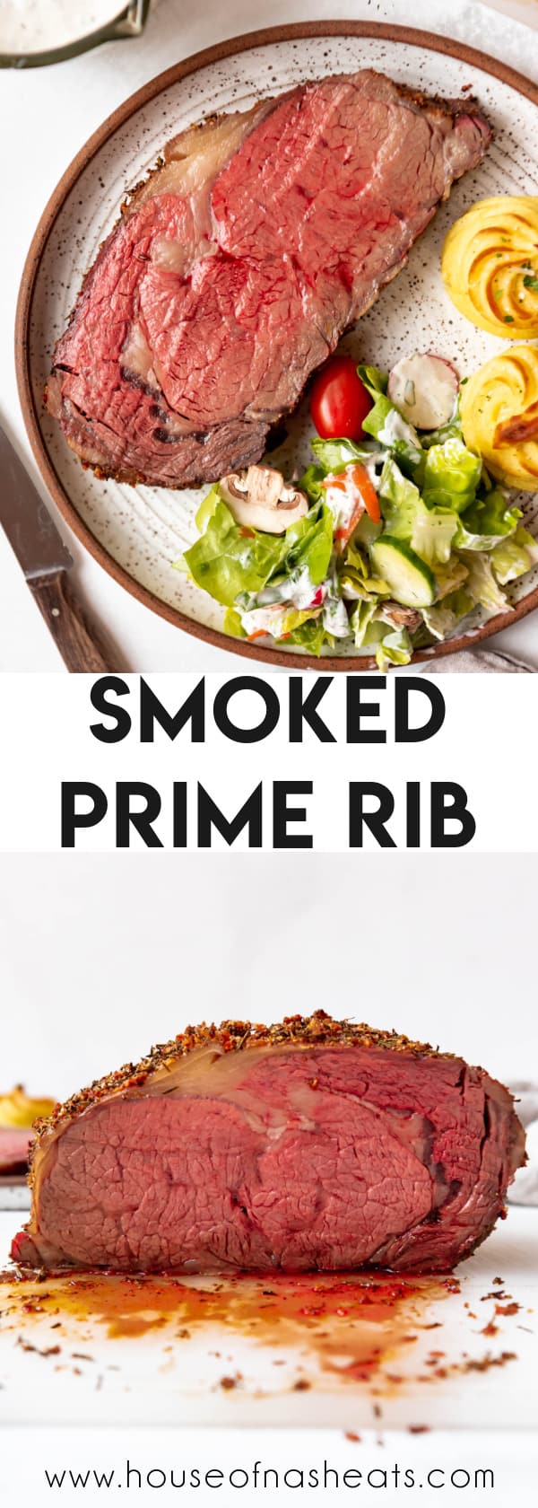 A collage of images of smoked prime rib with text overlay.