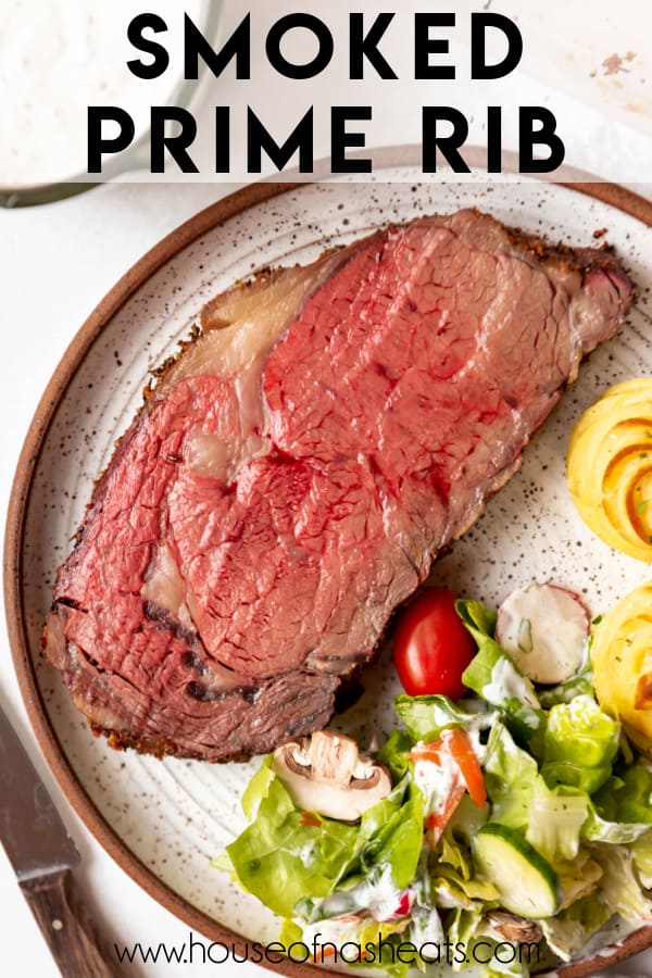 A slice of smoked prime rib on a plate with text overlay.