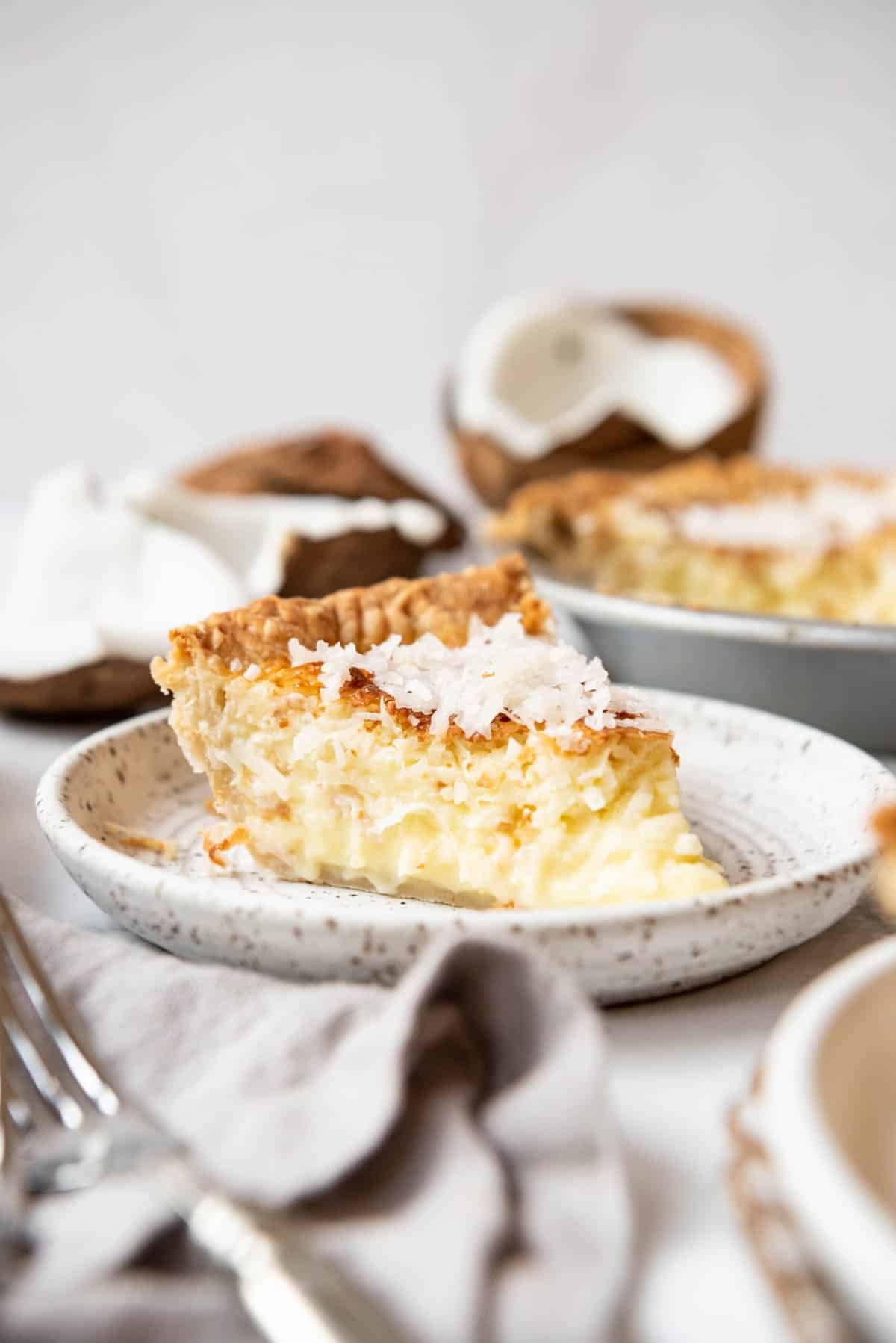 A slice of coconut custard pie on a plate with a fresh coconut behind it.