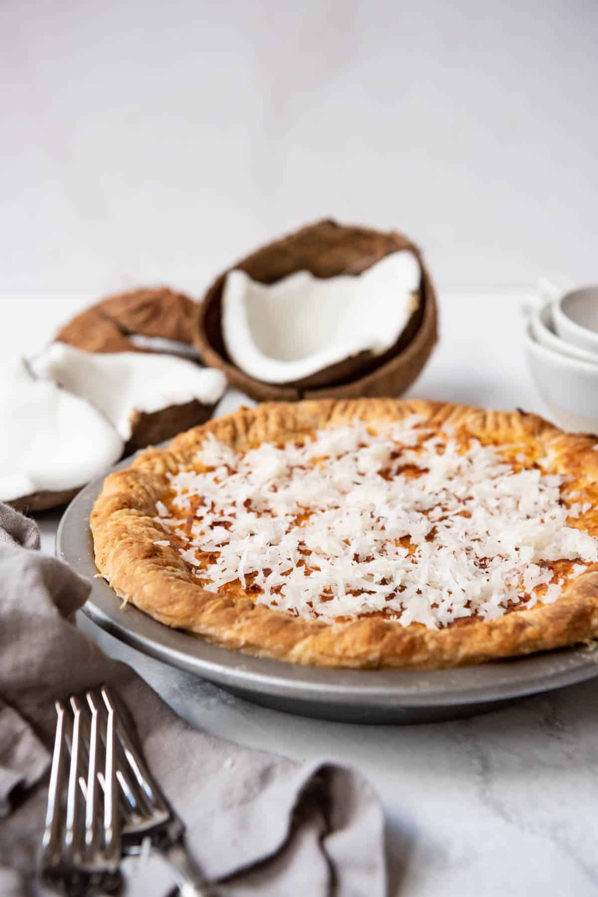 A side view of an old-fashioned coconut custard pie.