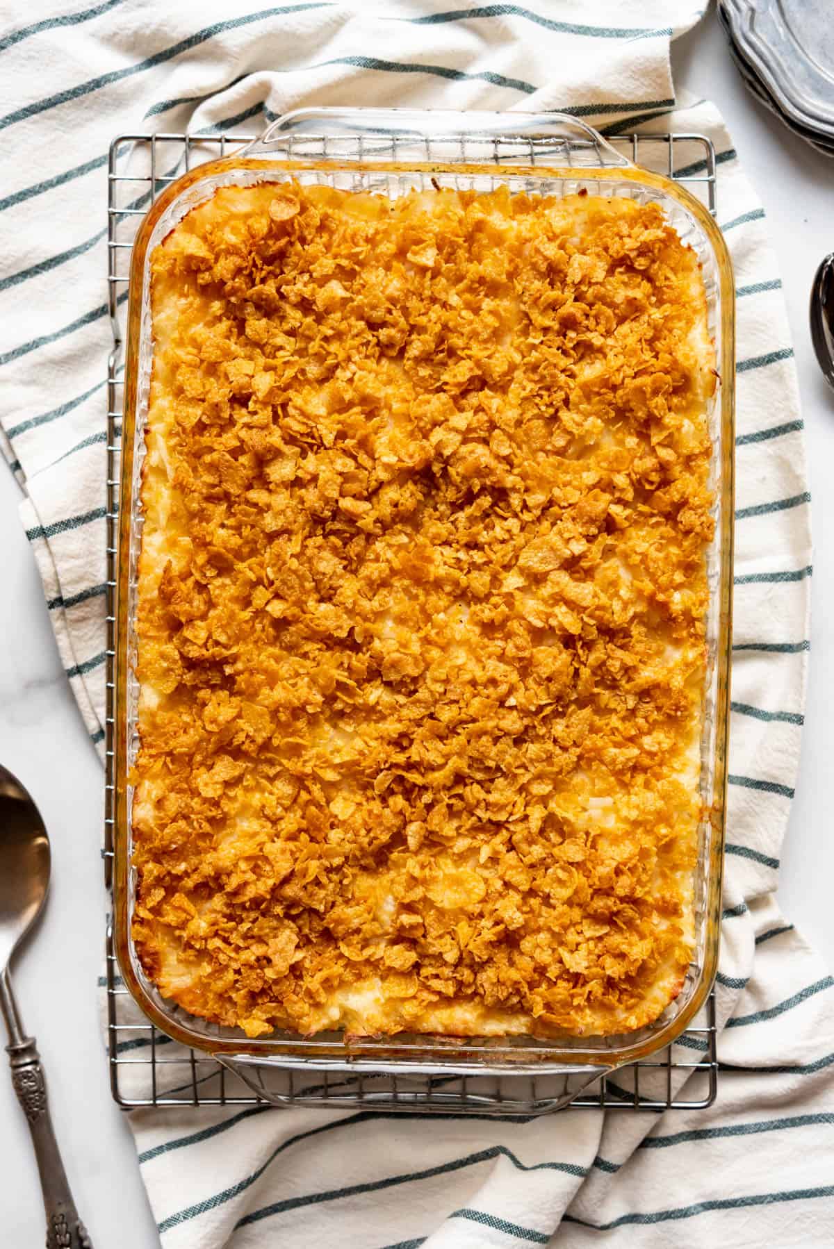 A large baking dish of funeral potatoes.