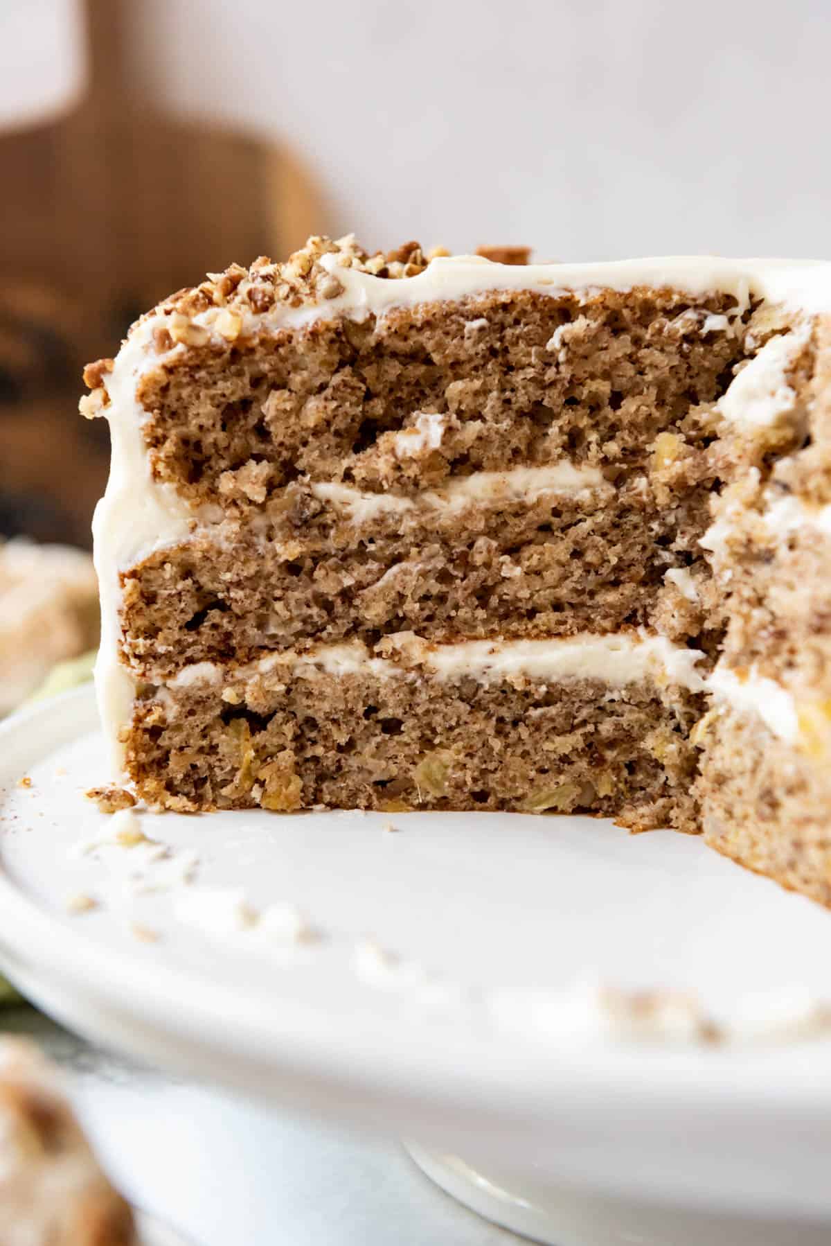 A side view of a sliced hummingbird cake.