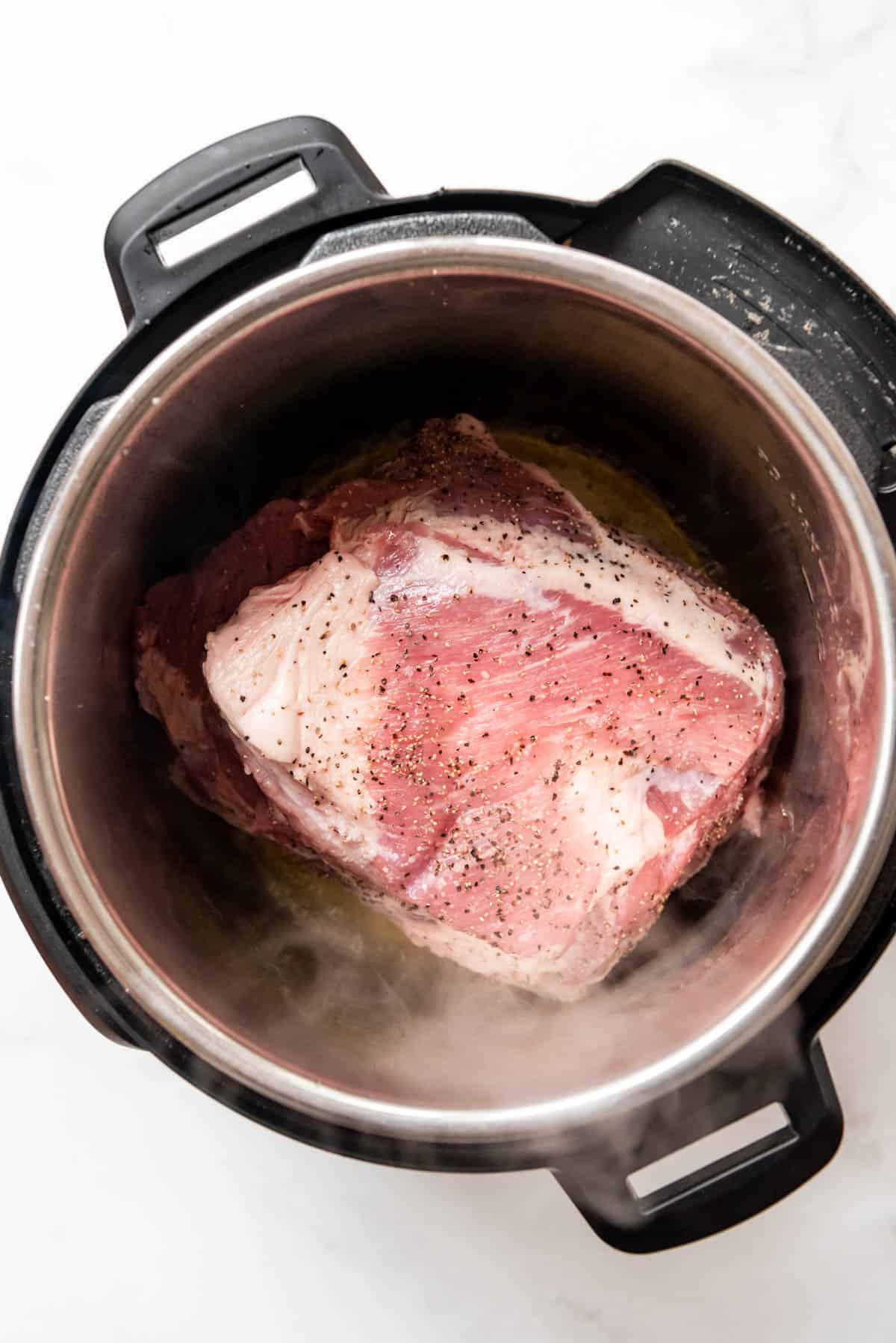 A seasoned pork butt roast in an Instant Pot.