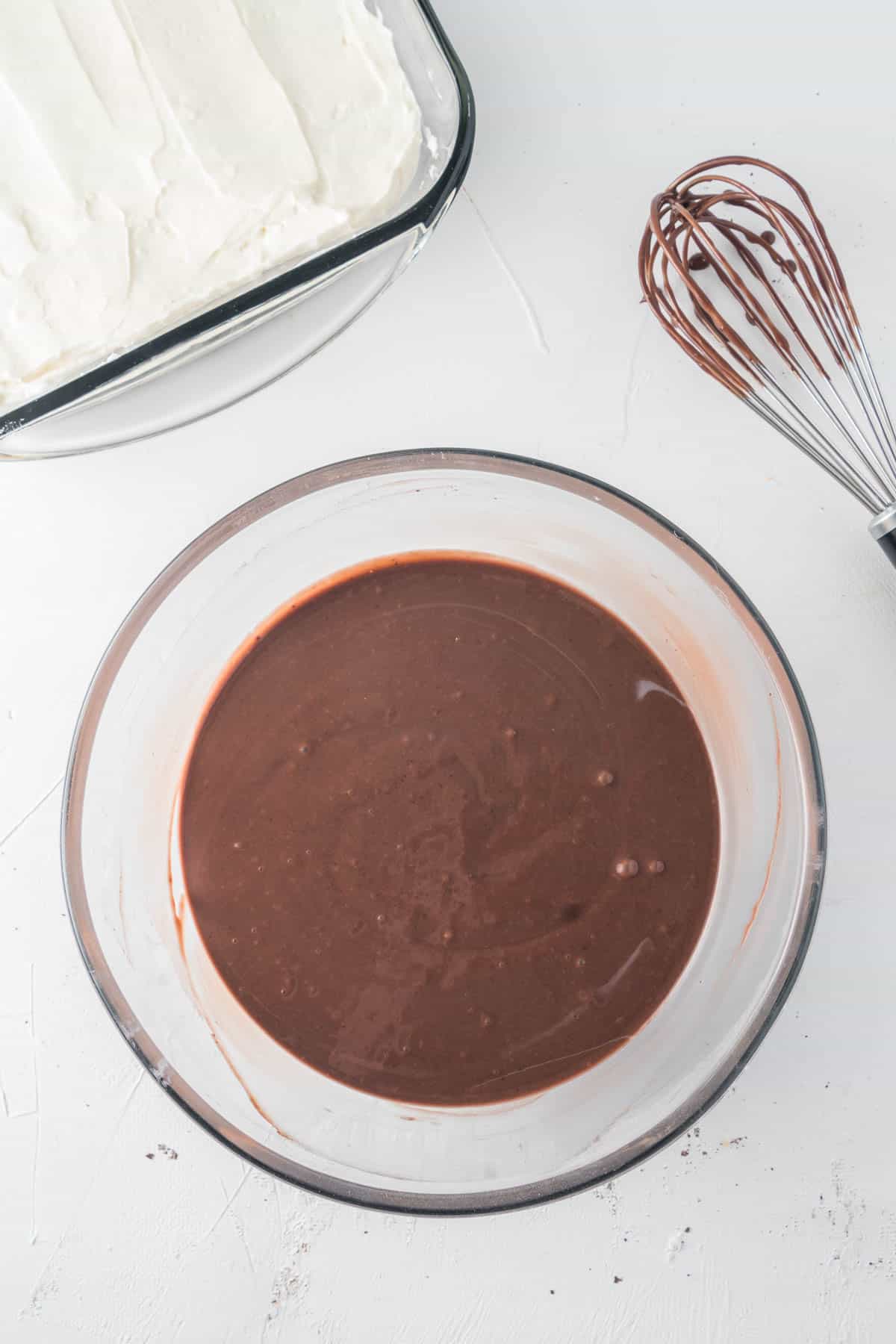 Chocolate pudding in a mixing bowl.