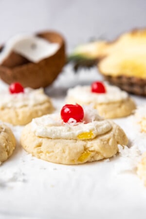 A close image of a pina colada cookie made with real pineapple and coconut.