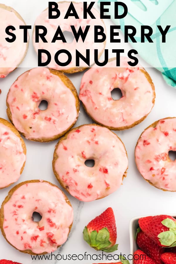 Glazed strawberry donuts with text overlay.