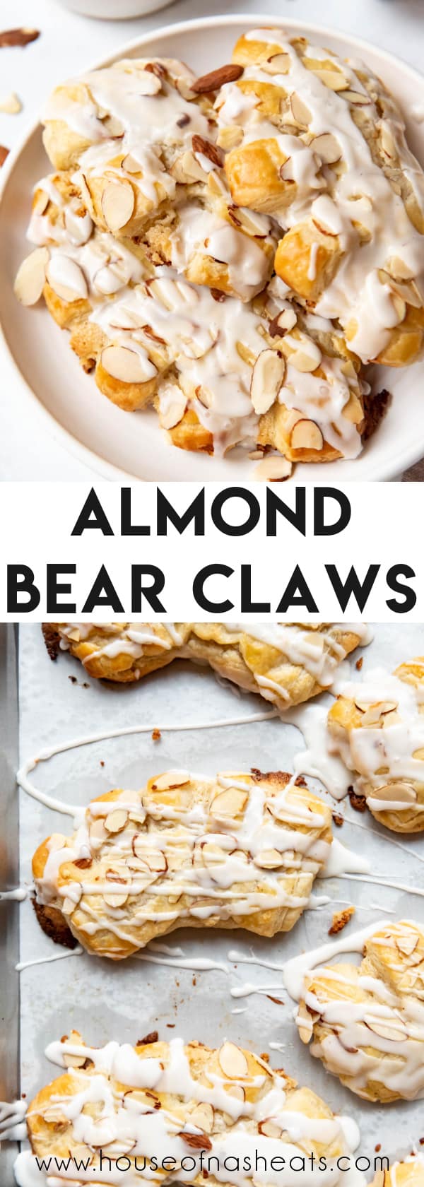 A collage of images of bear claw pastries with text overlay.