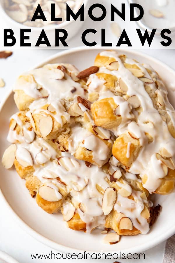 Three bear claws pastries on a plate with text overlay.