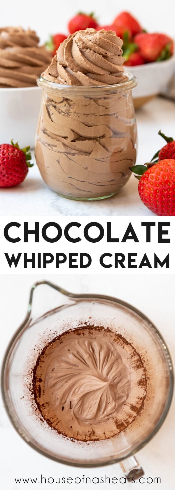 A collage of images of chocolate whipped cream with text overlay.