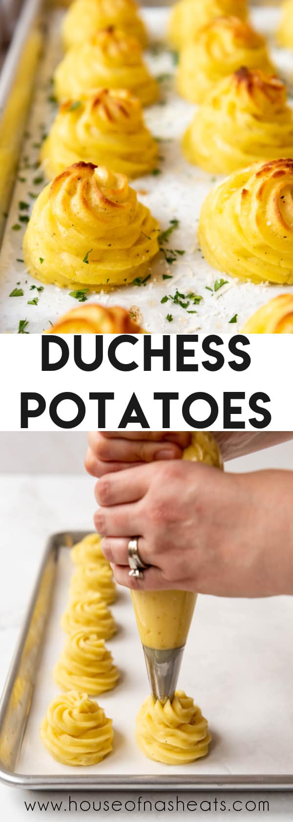 A collage of images of duchess potatoes with text overlay.