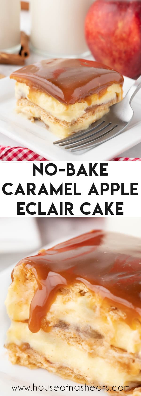 A collage of images of caramel apple eclair cake with text overlay.