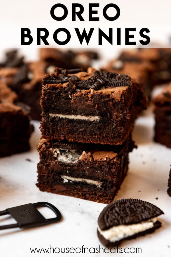 Stacked Oreo brownies with text overlay.