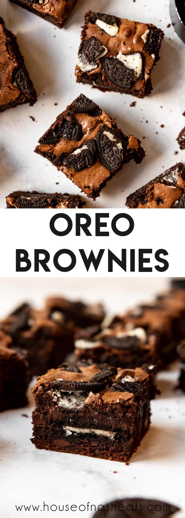 A collage of images of Oreo brownies with text overlay.
