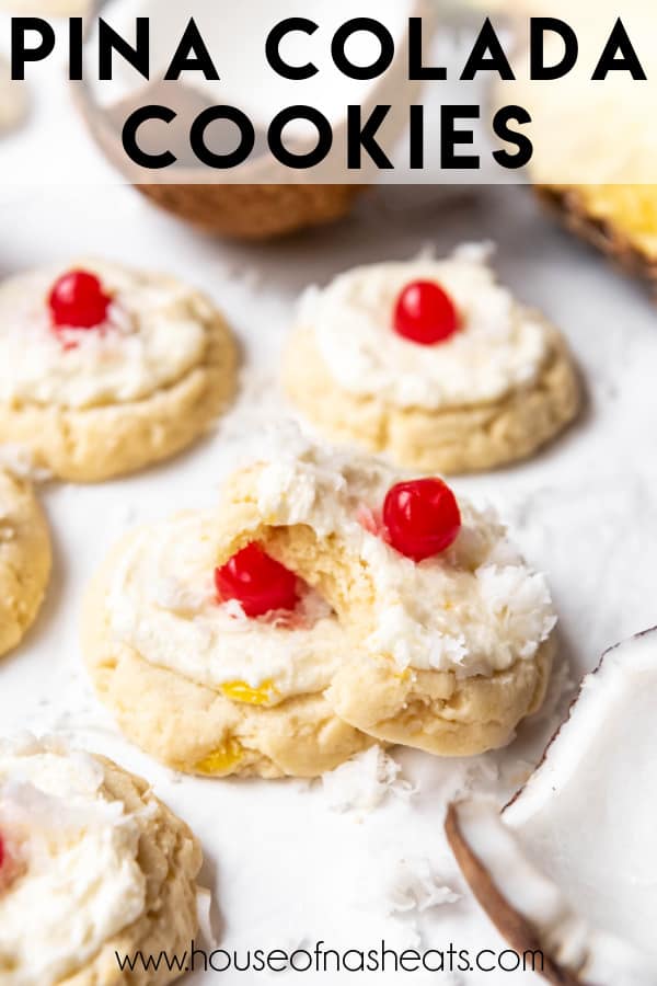 Stacked pina colada cookies with text overlay.