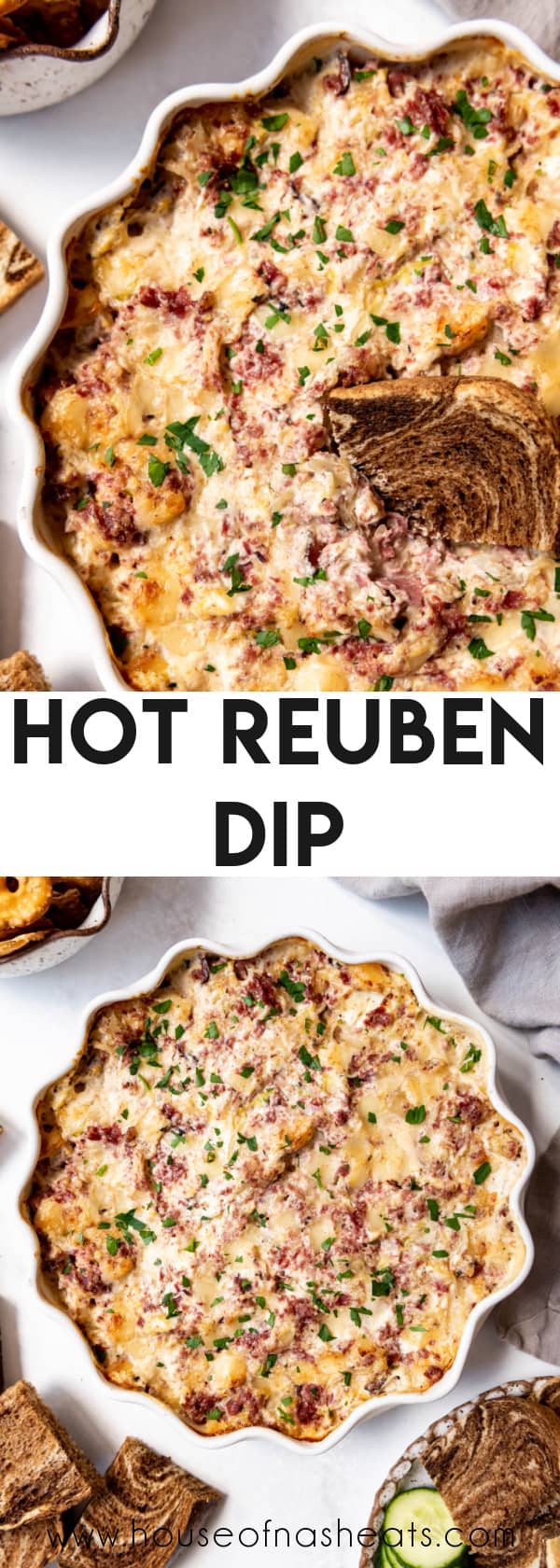 A collage of images of hot reuben dip with text overlay.