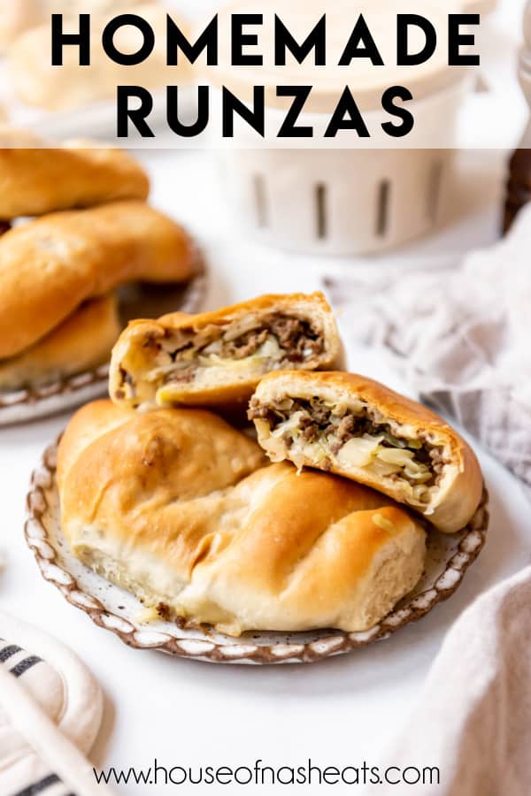 A plate of ground beef and cabbage runzas with text overlay.