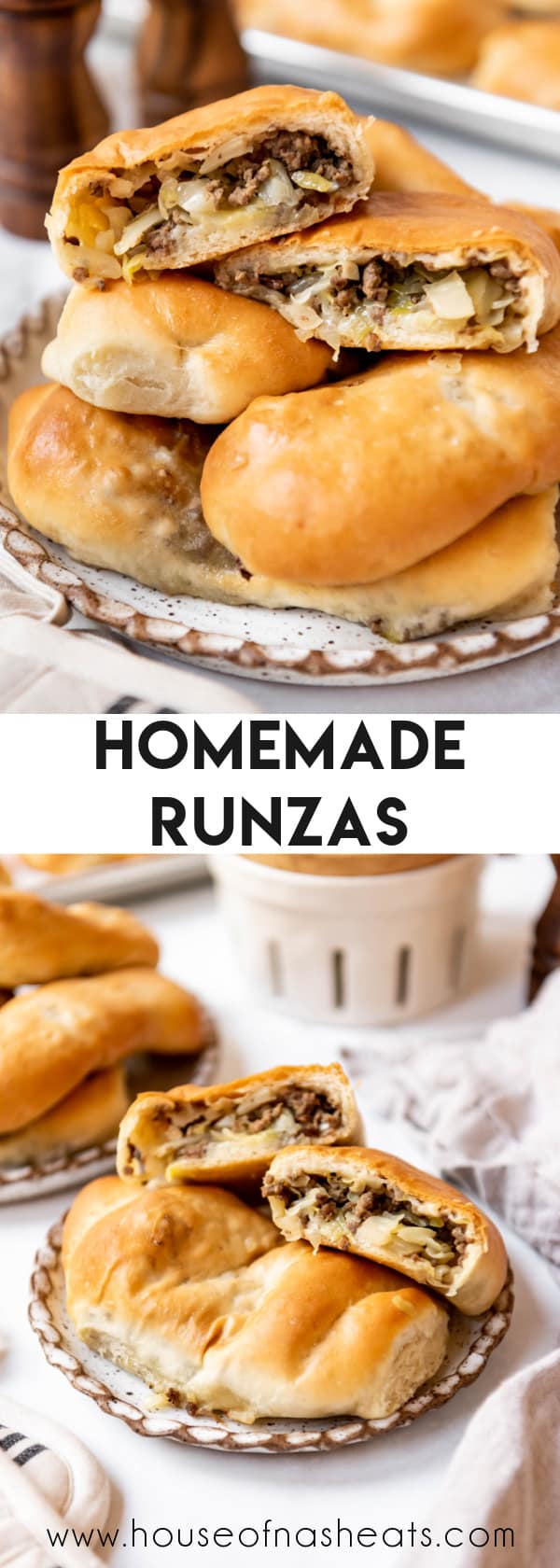 A collage of images of runzas on a plate with text overlay.