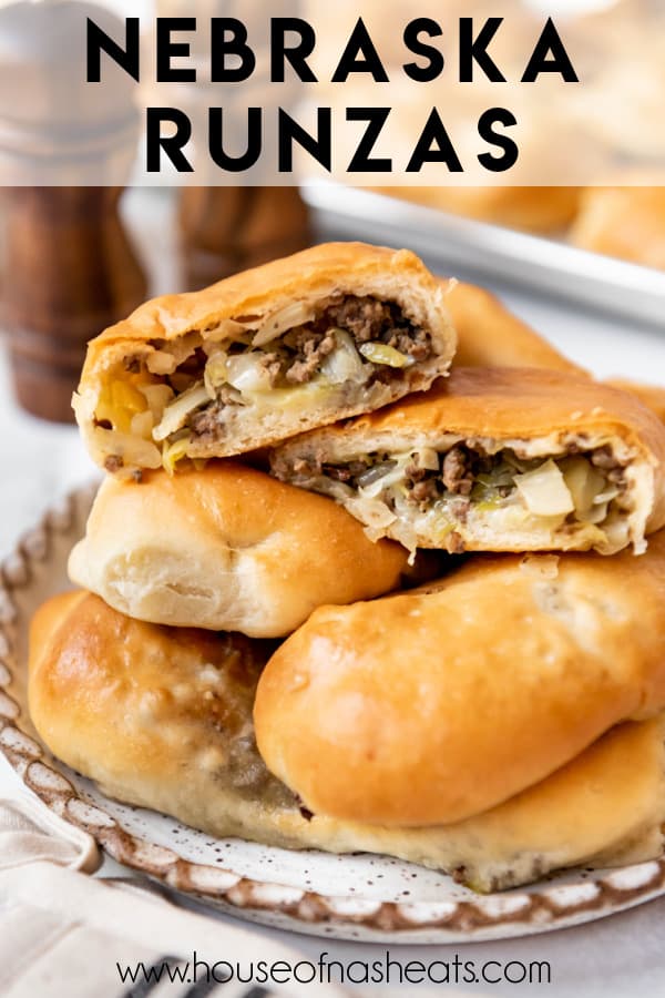 Homemade runzas on a plate with text overlay.
