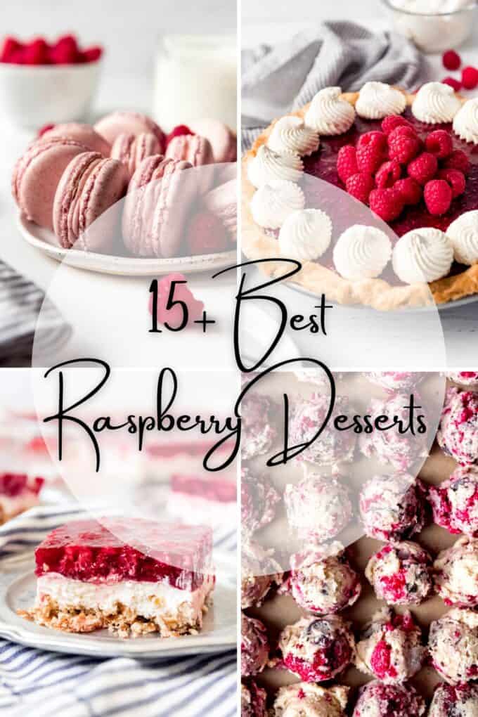 A collage of images of raspberry desserts with text overlay.