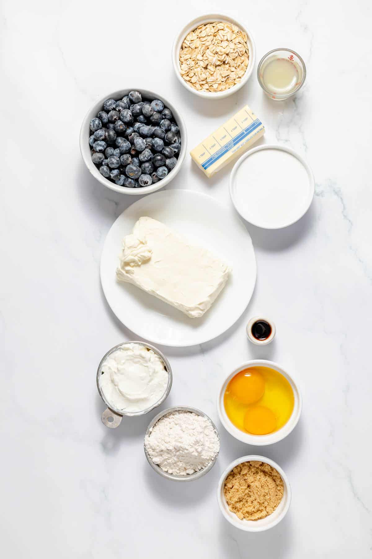 Ingredients for blueberry cheesecake bars.