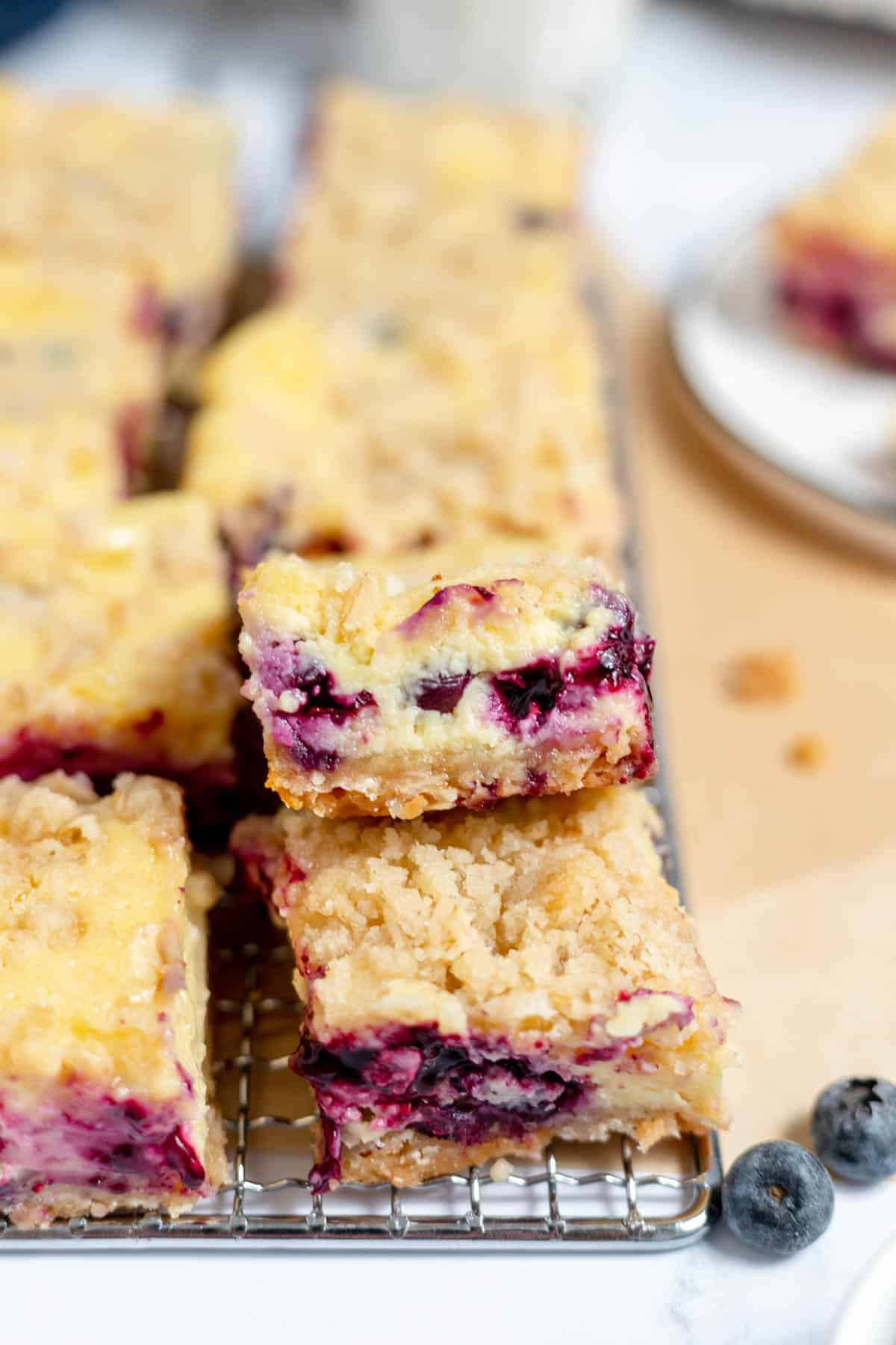 Blueberry cheesecake bars that have been cut into squares.