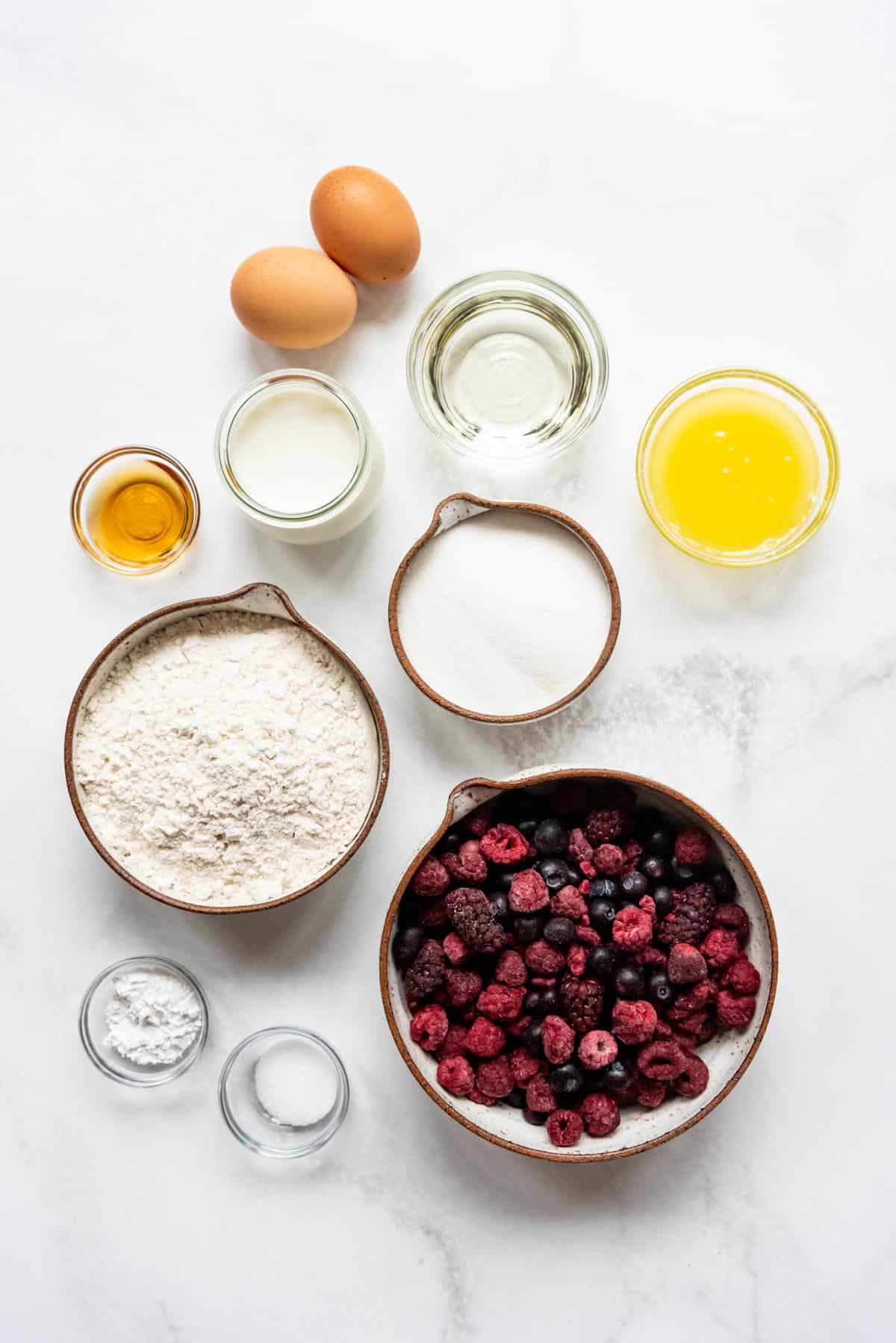 Ingredients for mixed berry breakfast cake.