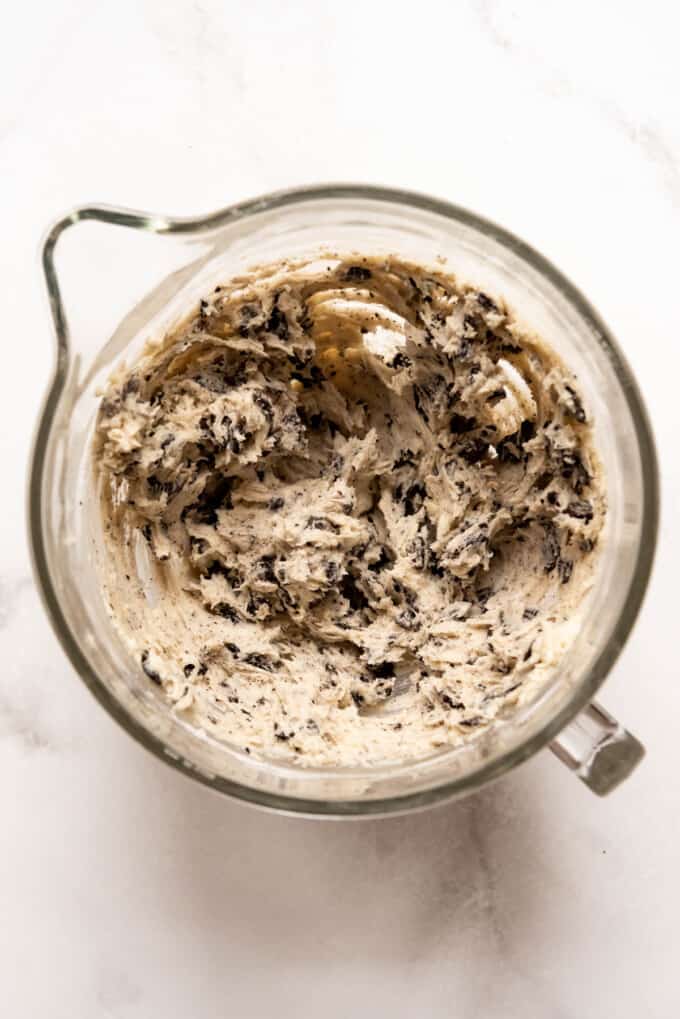 Oreo cheesecake cookie dough in a bowl.