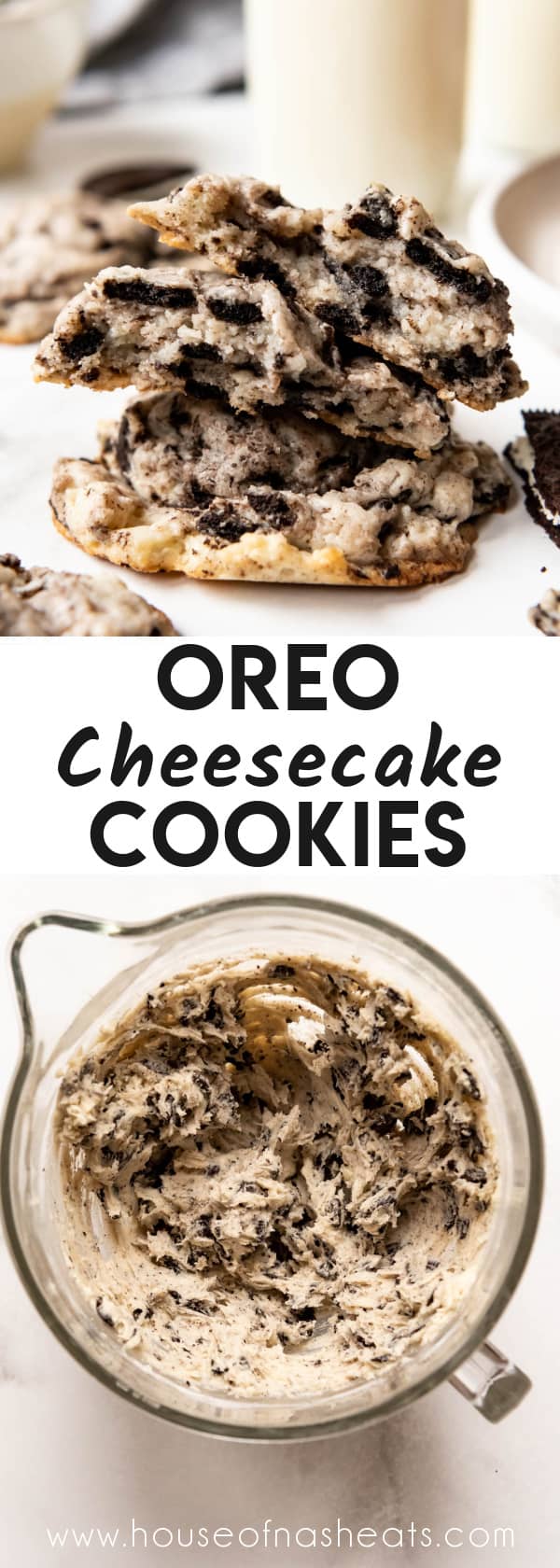 A collage of images of Oreo cheesecake cookies and cookie dough with text overlay.