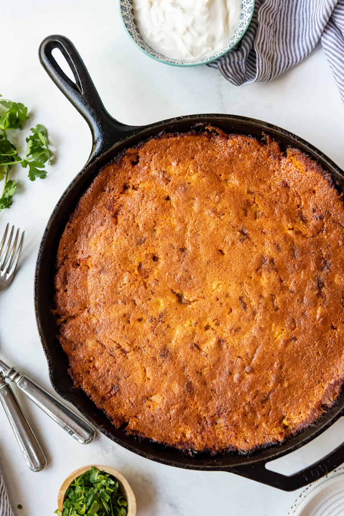 A close image of a pan of tamale pie.