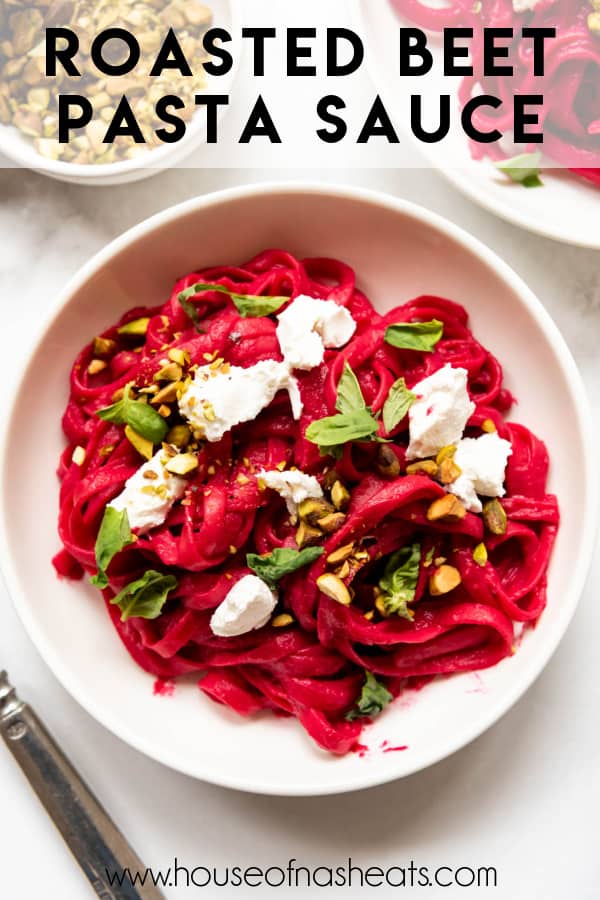A large bowl of TikTok beet pasta with text overlay.