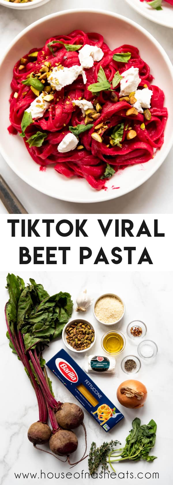 A collage of images of beet pasta with text overlay.