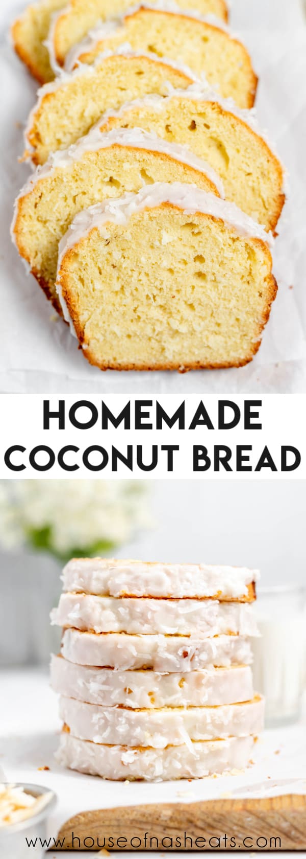 A collage of images of coconut bread with text overlay.