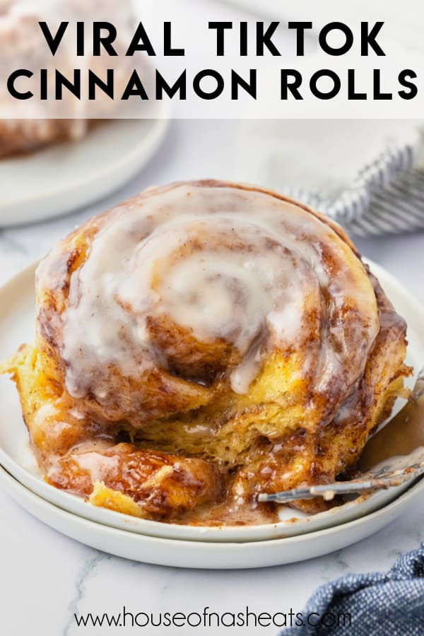 A cinnamon roll with a bite taken out of it with text overlay.