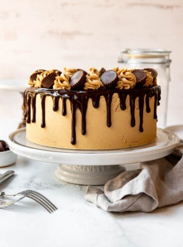 A chocolate peanut butter cake on a white cake stand.