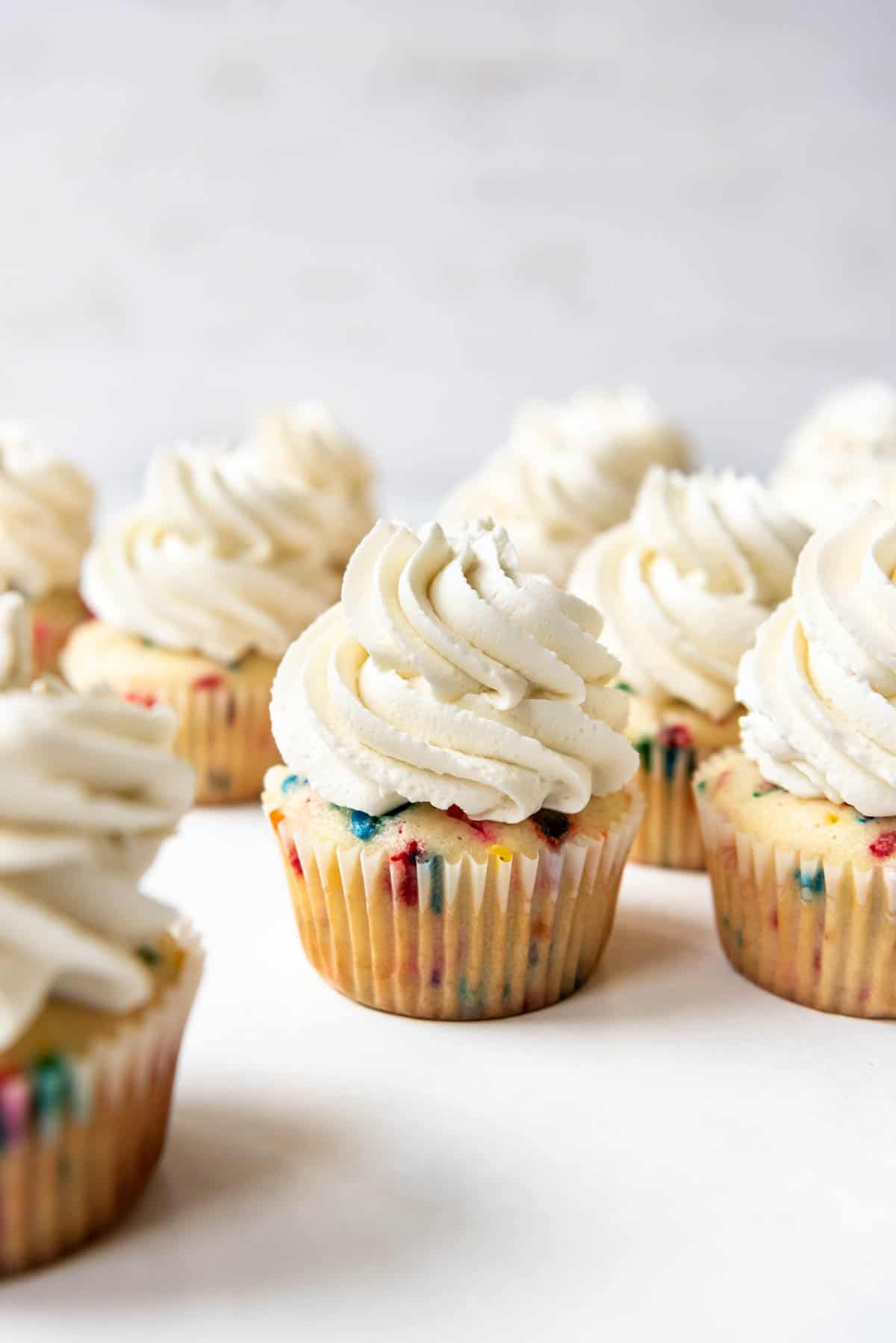Homemade cupcakes decorated with Swiss meringue buttercream.