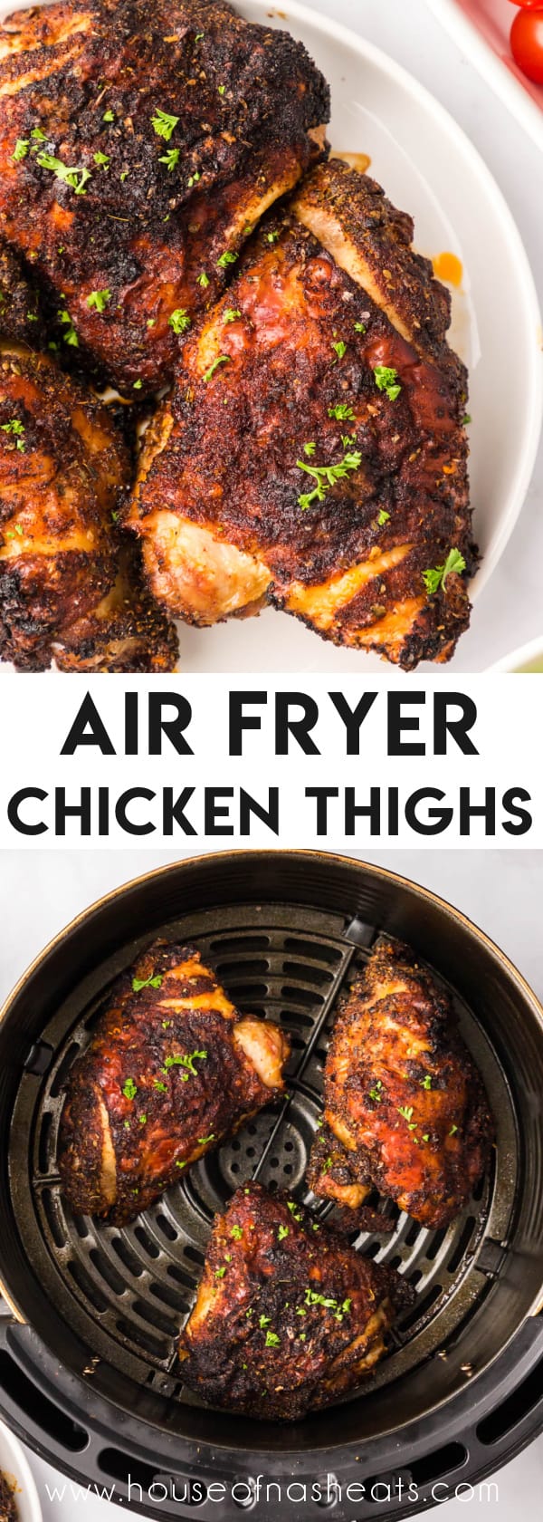 A collage of images of air fryer chicken thighs with text overlay.