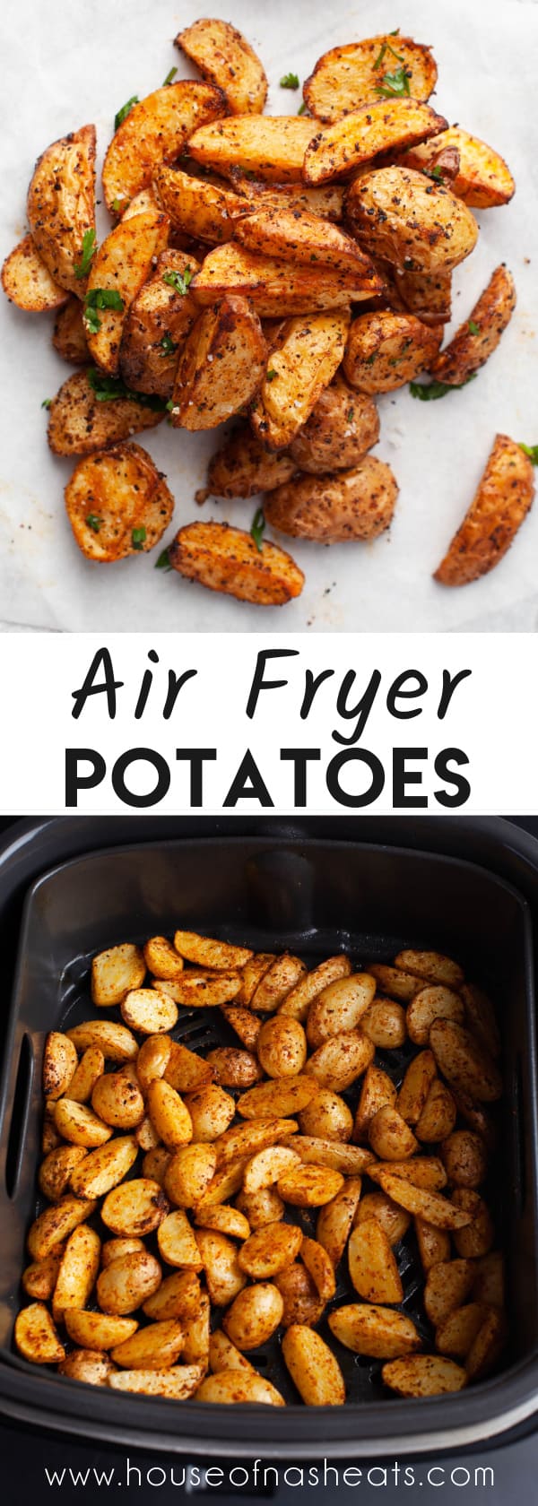 A collage of images of air fryer potatoes with text overlay.