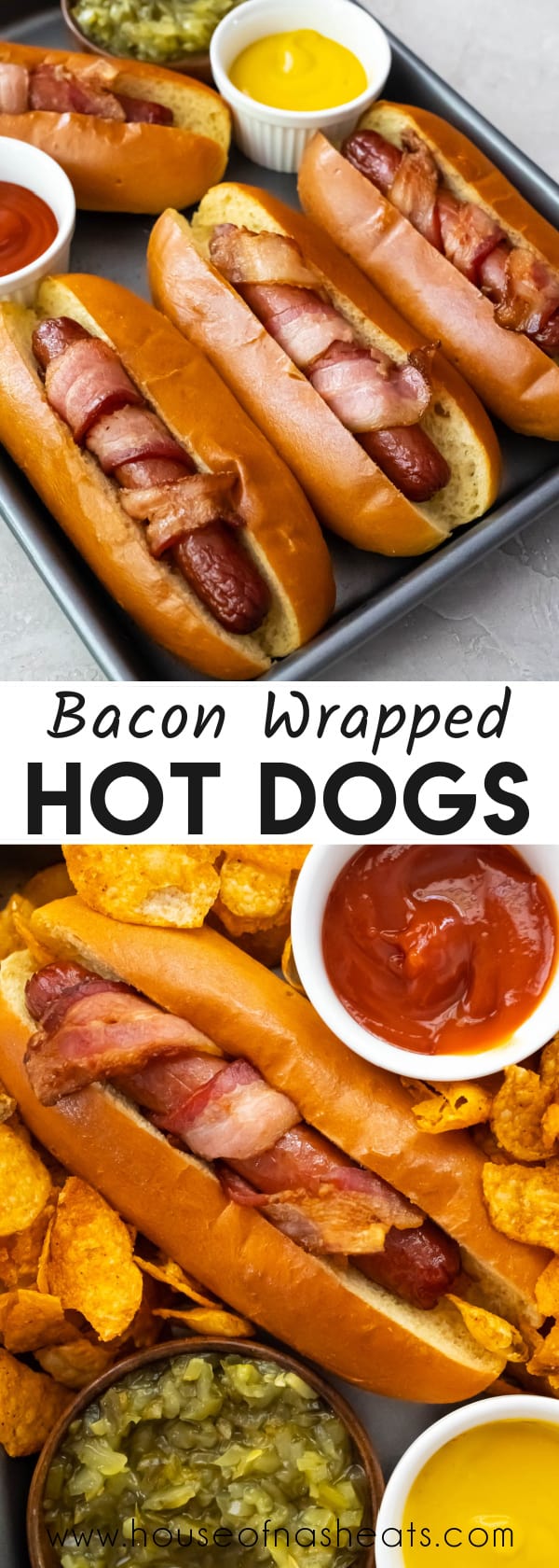 A collage of images of bacon wrapped hot dogs with text overlay.