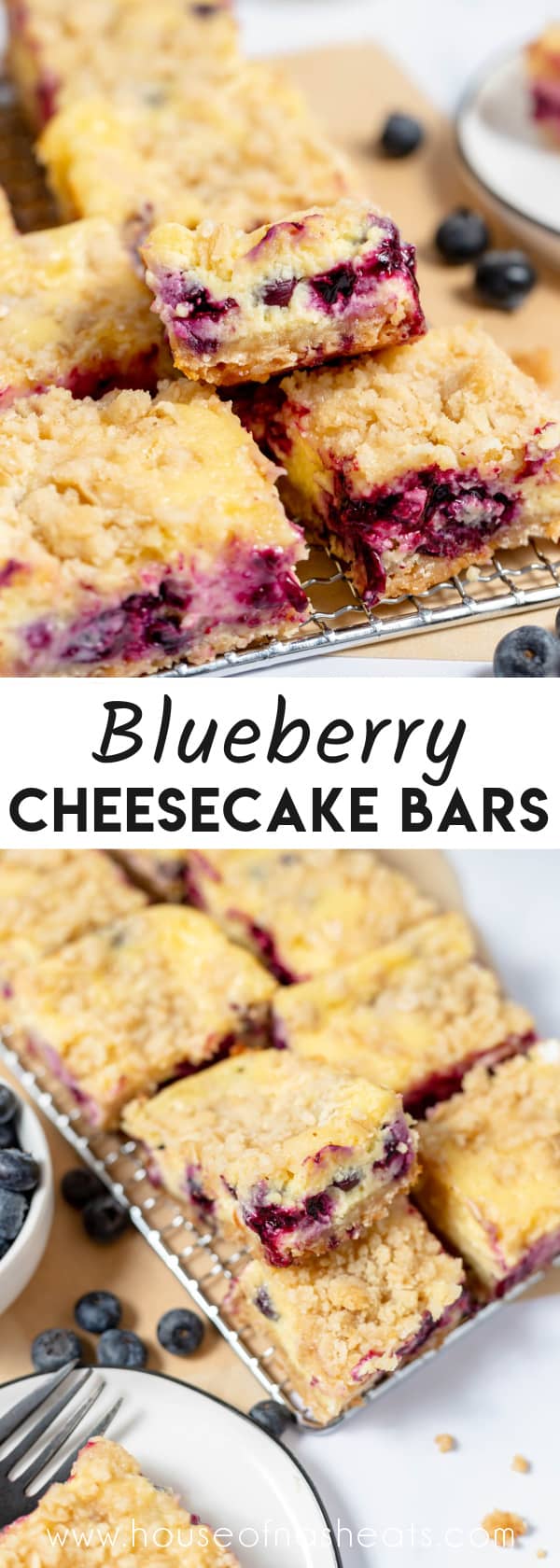 A collage of images of blueberry cheesecake bars with text overlay.