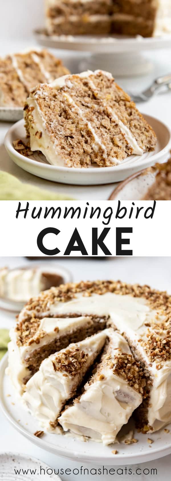 A collage of images of hummingbird cake with text overlay.