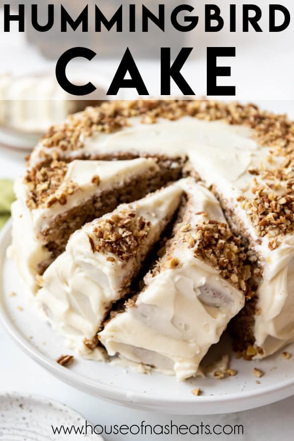Slices of hummingbird cake leaning against each other with text overlay.