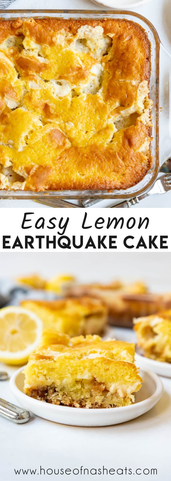 A collage of images of lemon earthquake cake with text overlay.