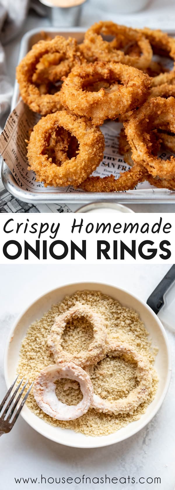 A collage of images of onion rings with text overlay.