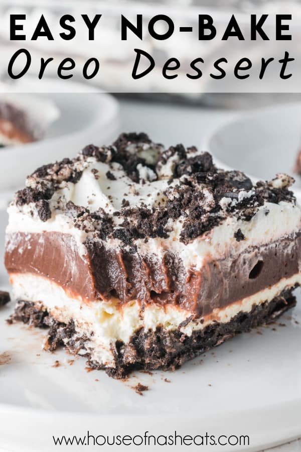 A slice of Oreo dessert with a bite taken out of it with text overlay.
