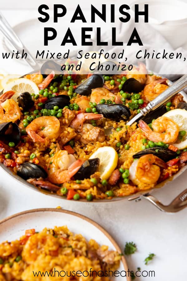 A spoon scooping a serving of paella from a skillet with text overlay.