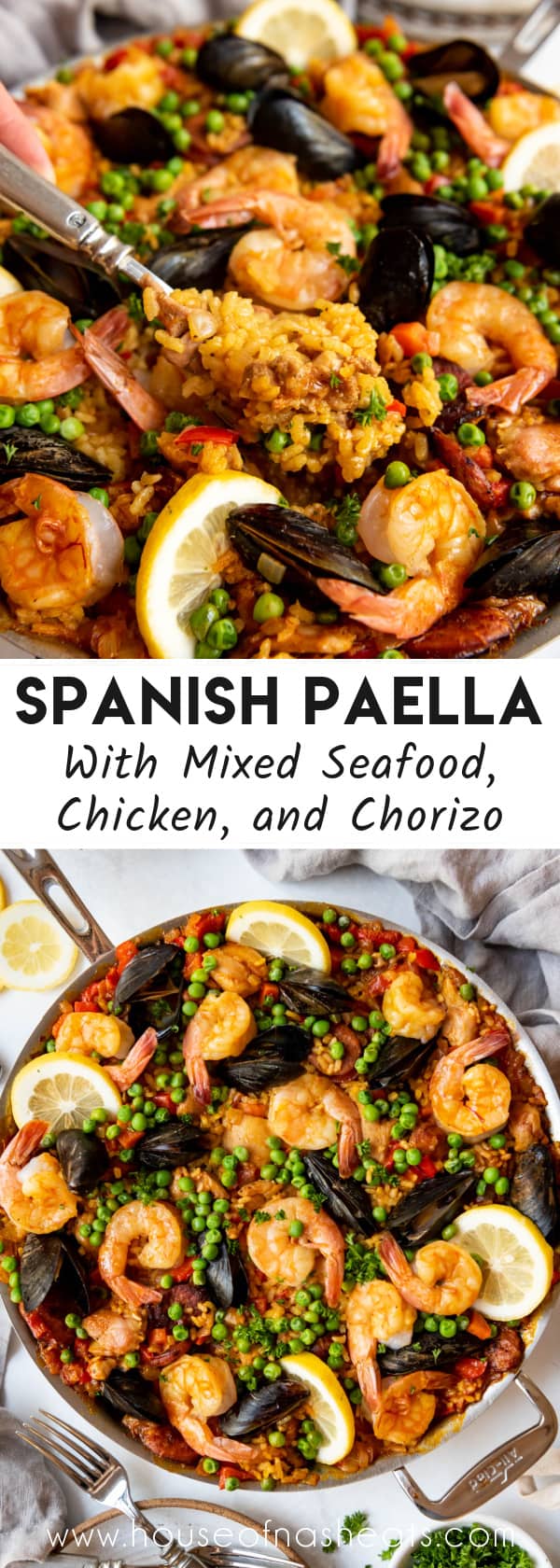 A collage of images of Spanish paella with text overlay.