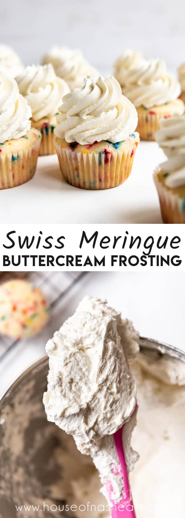 A collage of images of swiss meringue buttercream frosting with text overlay.
